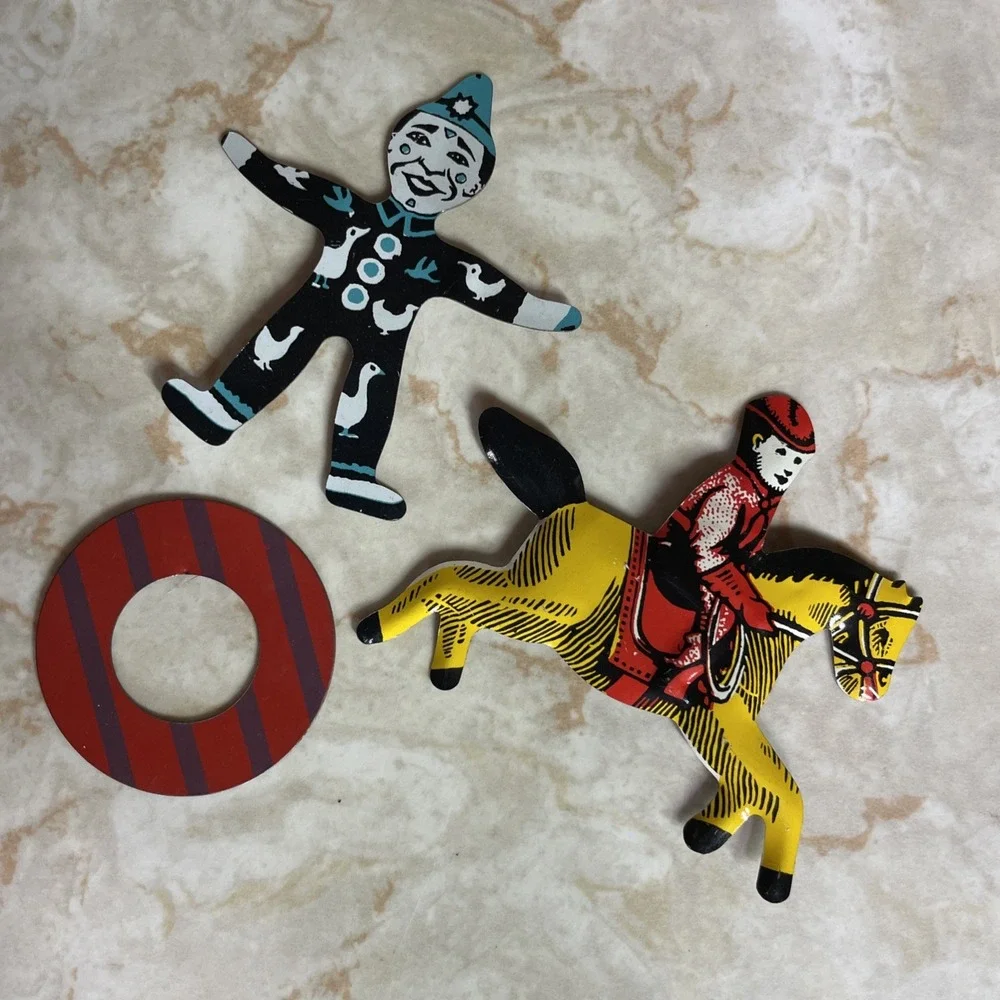 Set Of‎ 3 Tin Lithograph Cracker Jack Premium Prize Toy Horse Jockey Clown Ring
